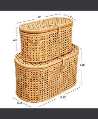 Modern Decorative Oval Woven Rattan Storage Boxes, Set of 2 Sizes, Dark Brown Finish