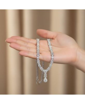 Women Sterling Silver White Gold Plated Cubic Zirconia Drop Necklace