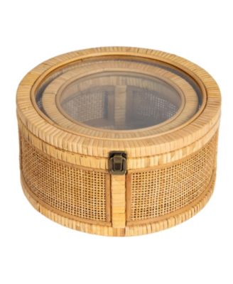 Rattan and Bamboo Nestable Round Storage with Glass Lids, Set of 2