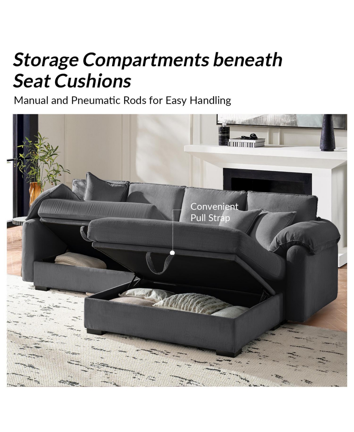 Hulala Home Brandee 2 - Piece Reversible Corduroy Sectional Sofa Chaise with Storage