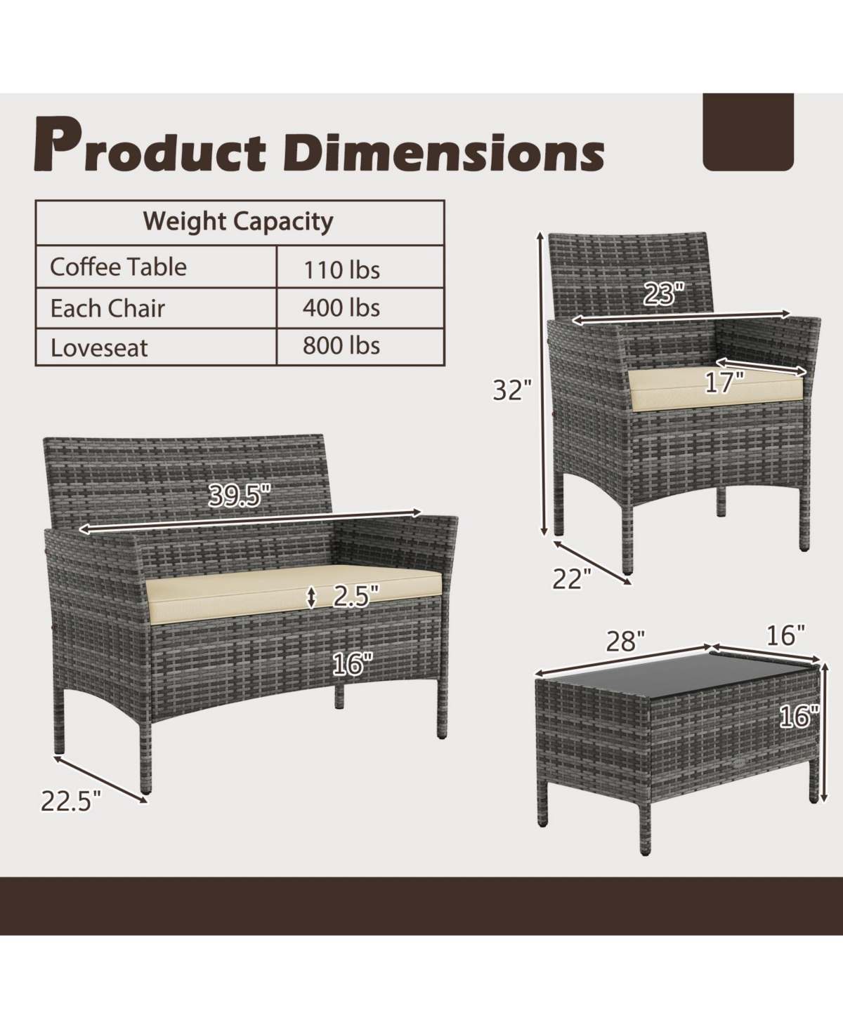 Slickblue 4-Piece Wicker Patio Set with Cushioned Seats for Outdoor Lounge or Garden