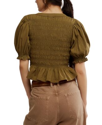 Women's Cotton Puff-Sleeve Peplum Top