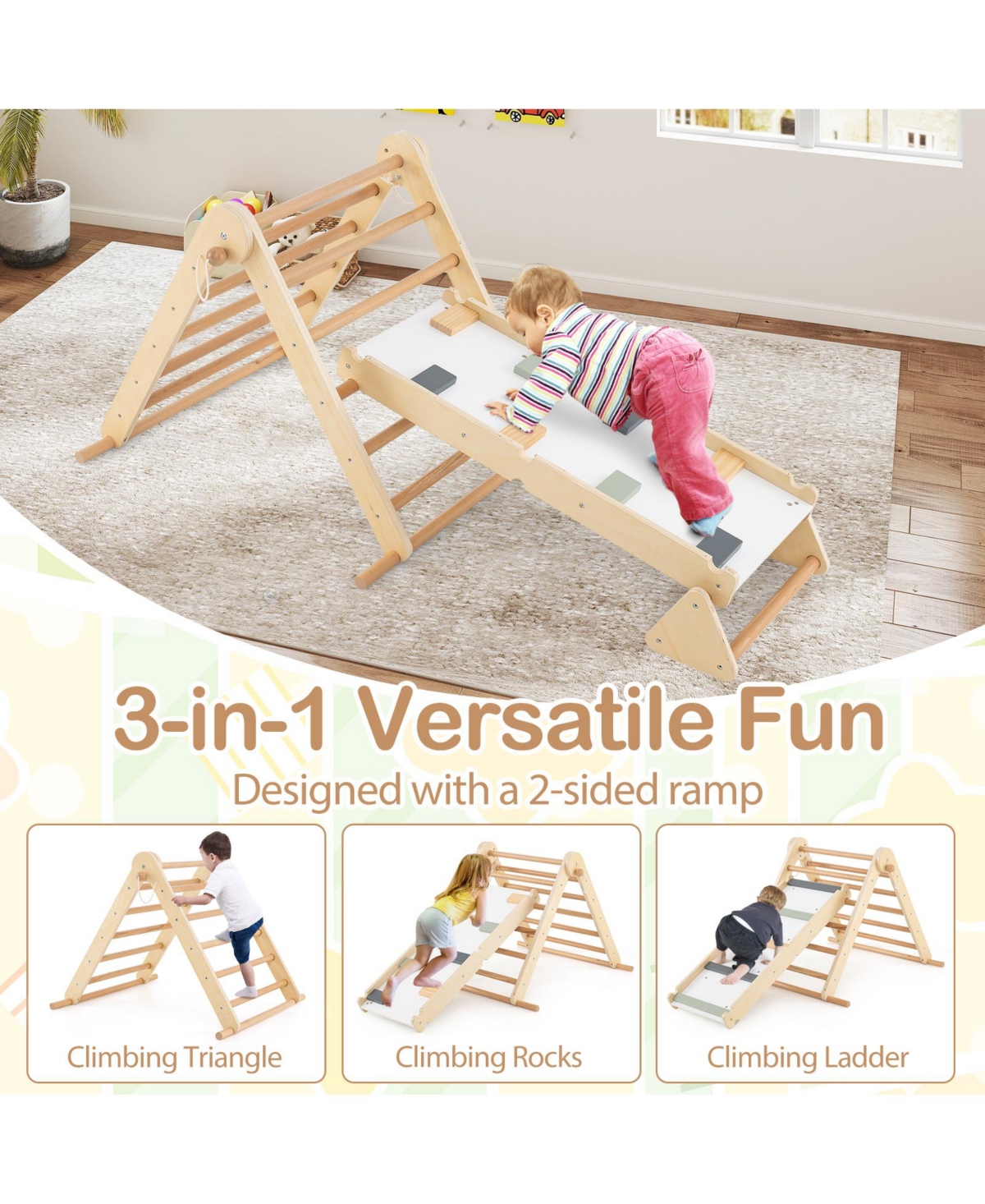 Skonyon 3-in-1 Foldable Pikler Triangle Climbing Set with Ramp – Natural Montessori Toys