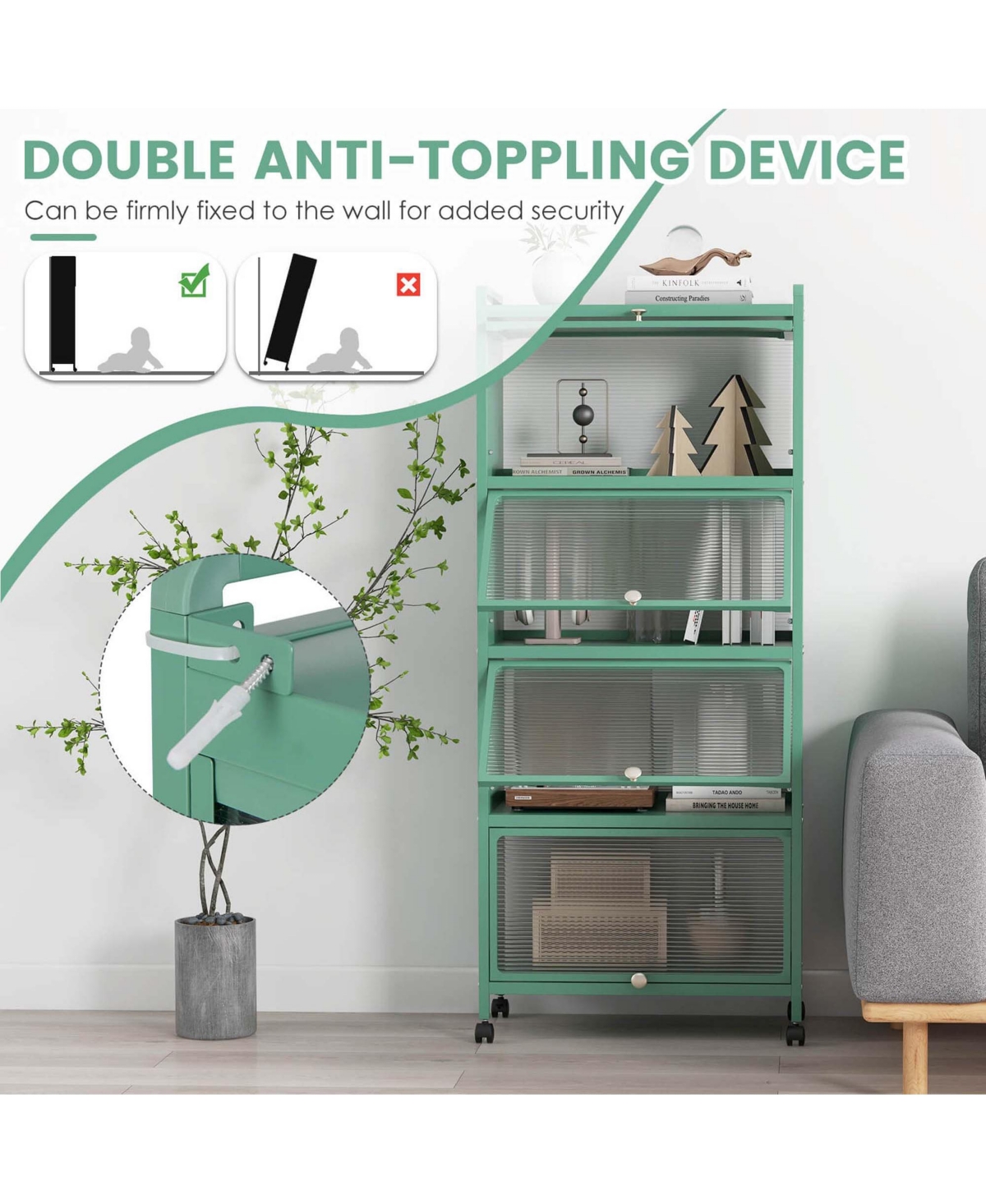 5-Tier Kitchen Baker's Rack Storage Cabinet Mobile Microwave Stand Flip-up Doors