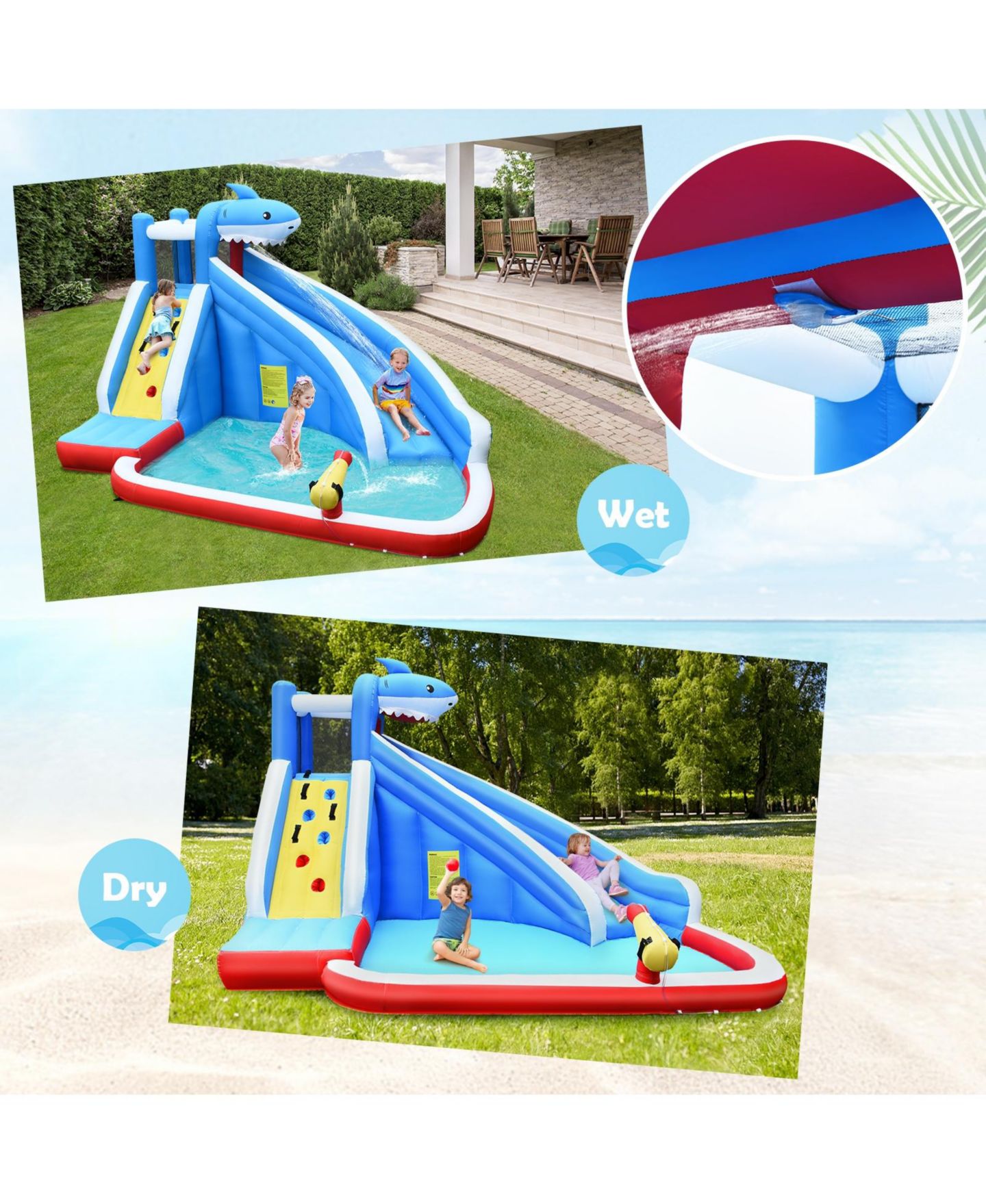 Детская игрушка SKONYON Shark Inflatable Bounce House with Water Slide & Climbing Wall, Ages 3-10, цвет: Синий — фото 4