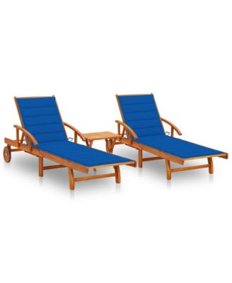 2 pcs with Table and Cushions Solid Wood Acacia Sun Loungers