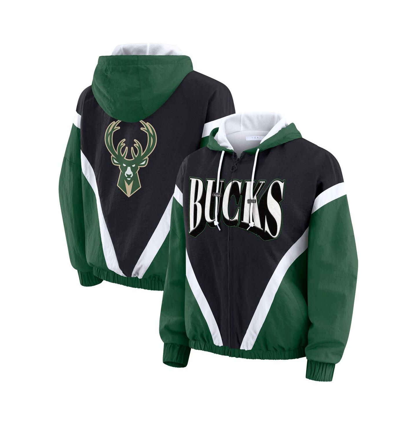 Женские худи WEAR by Erin Andrews Black/Hunter Green Milwaukee Bucks Color Block Full-Zip Windbreaker Jacket — фото 1