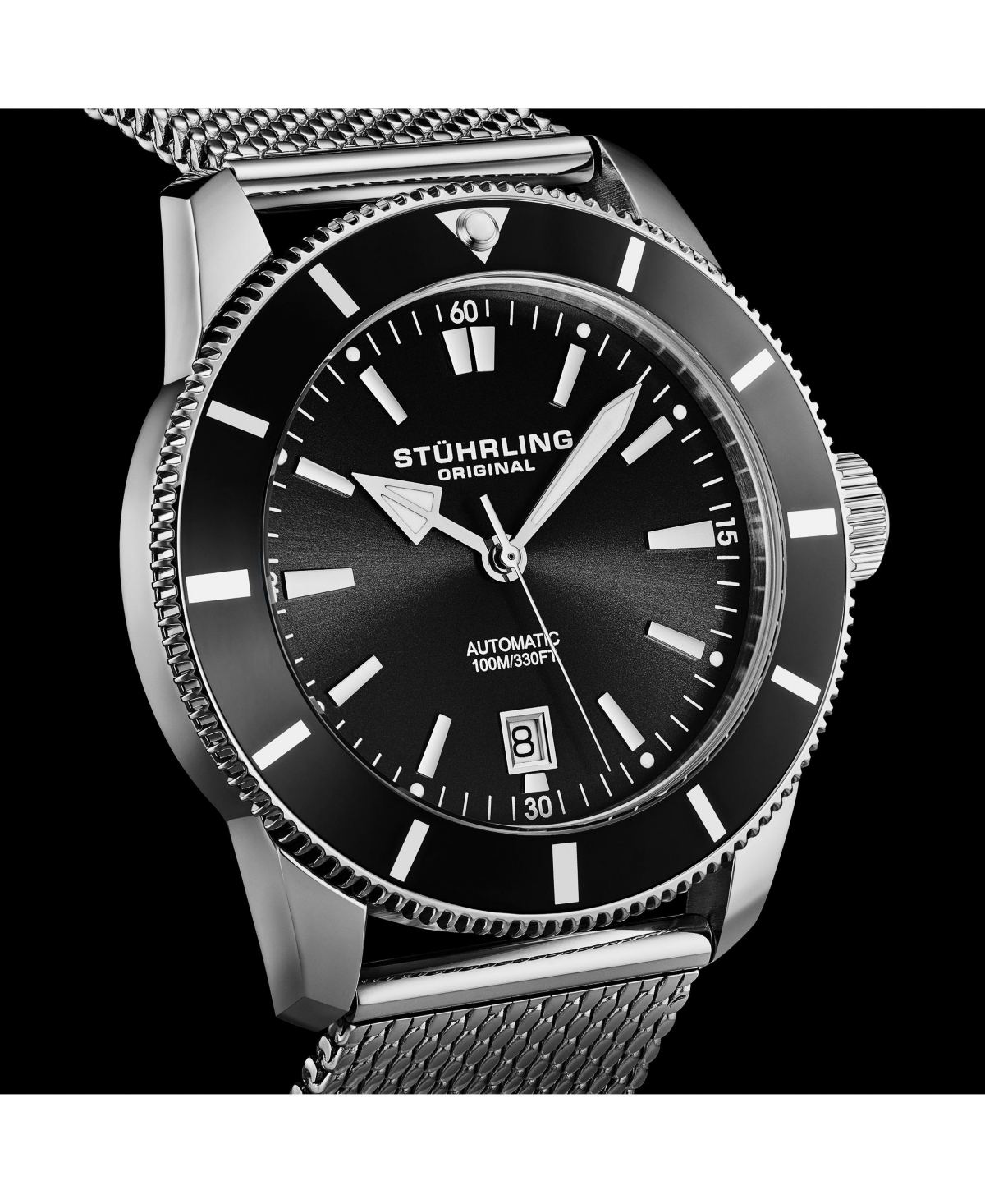Stuhrling Mens Marinier 4079 Automatic 42 mm Dive Watch with Sunray Dial and Mesh Bracelet
