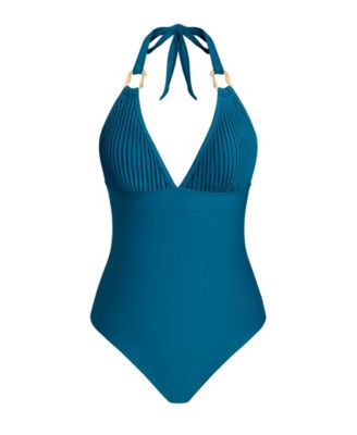 Women's Halter V Neck One Piece Swimsuit with Ring Detail