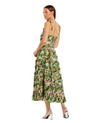 Women's Elegant Ruffled Floral Square Neck Midi Dress