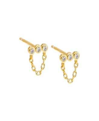 Mini Triple Cubic Zirconia Bezel Bar Drop Chain Stud Earring