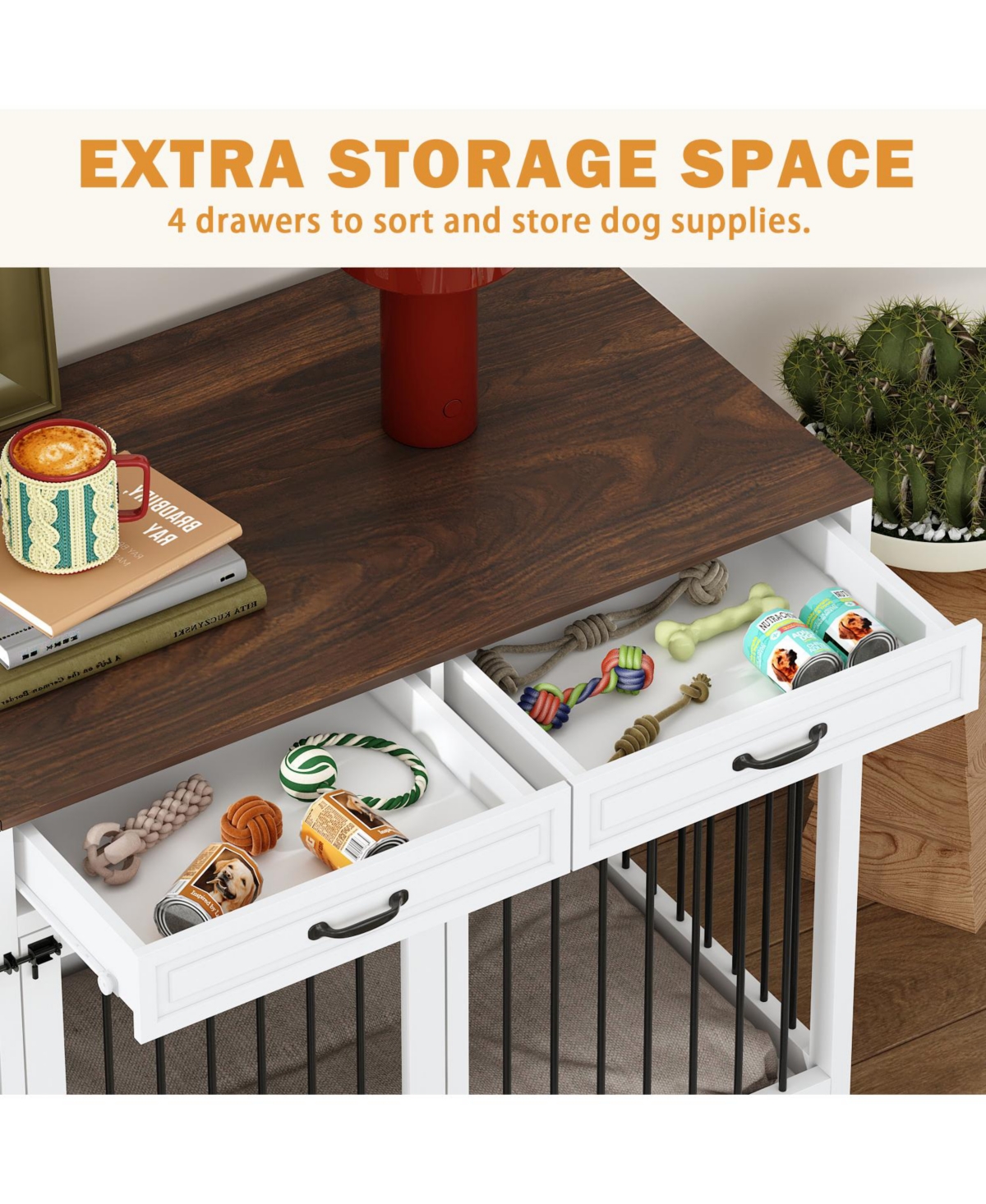 92.9 in. Super Large Dog Crate Furniture Wooden Dog Crate Kennel with 4 Drawers