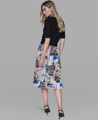 Women's City Scene Print Pull-On Pleated Skirt