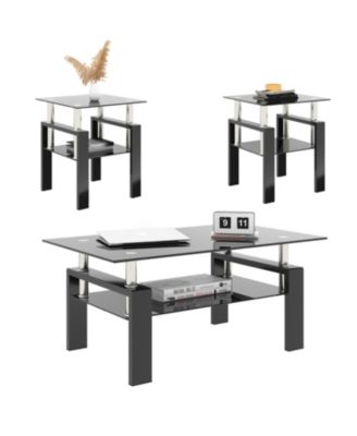 Set of 2 Modern Square Tempered Glass Coffee Tables with Solid Frame