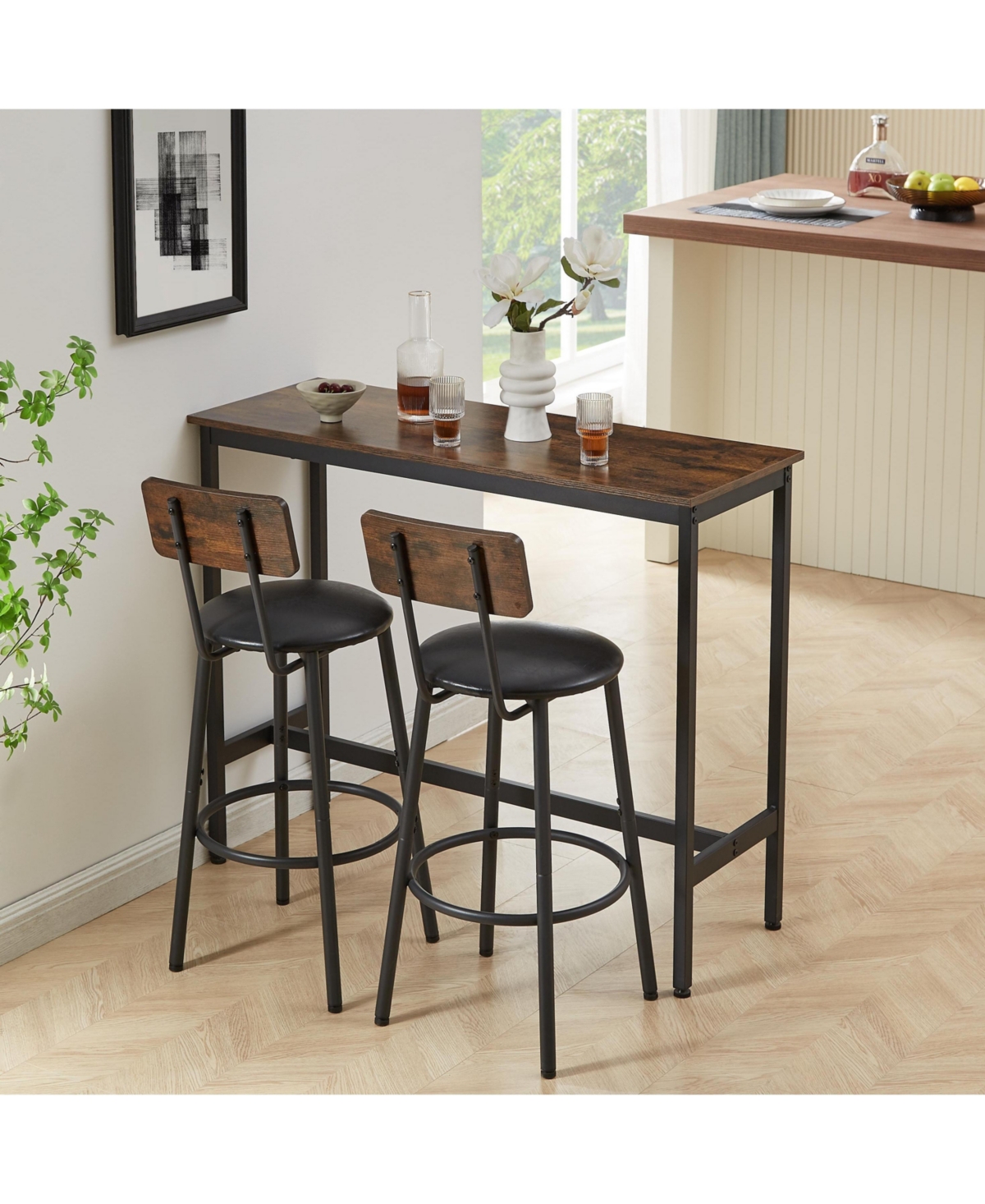 Casainc Bar Table Set with 2 Stools and Cushioned Backrest