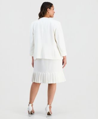 Plus Size Collarless Open-Front Stretch Crepe Jacket, V-Neck Cascade-Ruffle-Front Blouse & Pleat-Trim Stretch Crepe Skirt