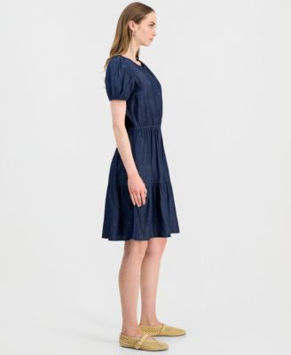 Women's Chambray Puff-Sleeve Tiered Dress