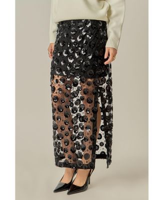 Women's Flower Sequin Sheer Midi Skirt
