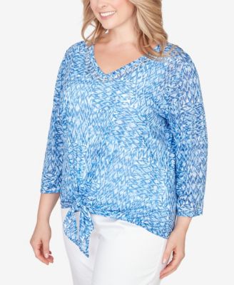 Plus Size Printed Knit Burnout 3/4 Sleeve V-Neck Top