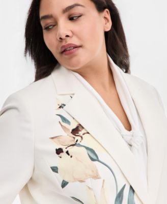 Plus Size Floral-Print One-Button Blazer