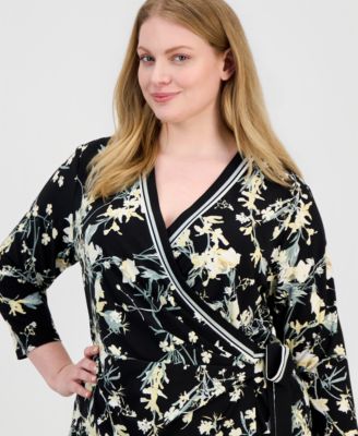 Plus Size Floral Border Stripe Wrap Top