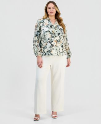 Plus Size Floral Ruffle-Sleeve Tie-Neck Blouse