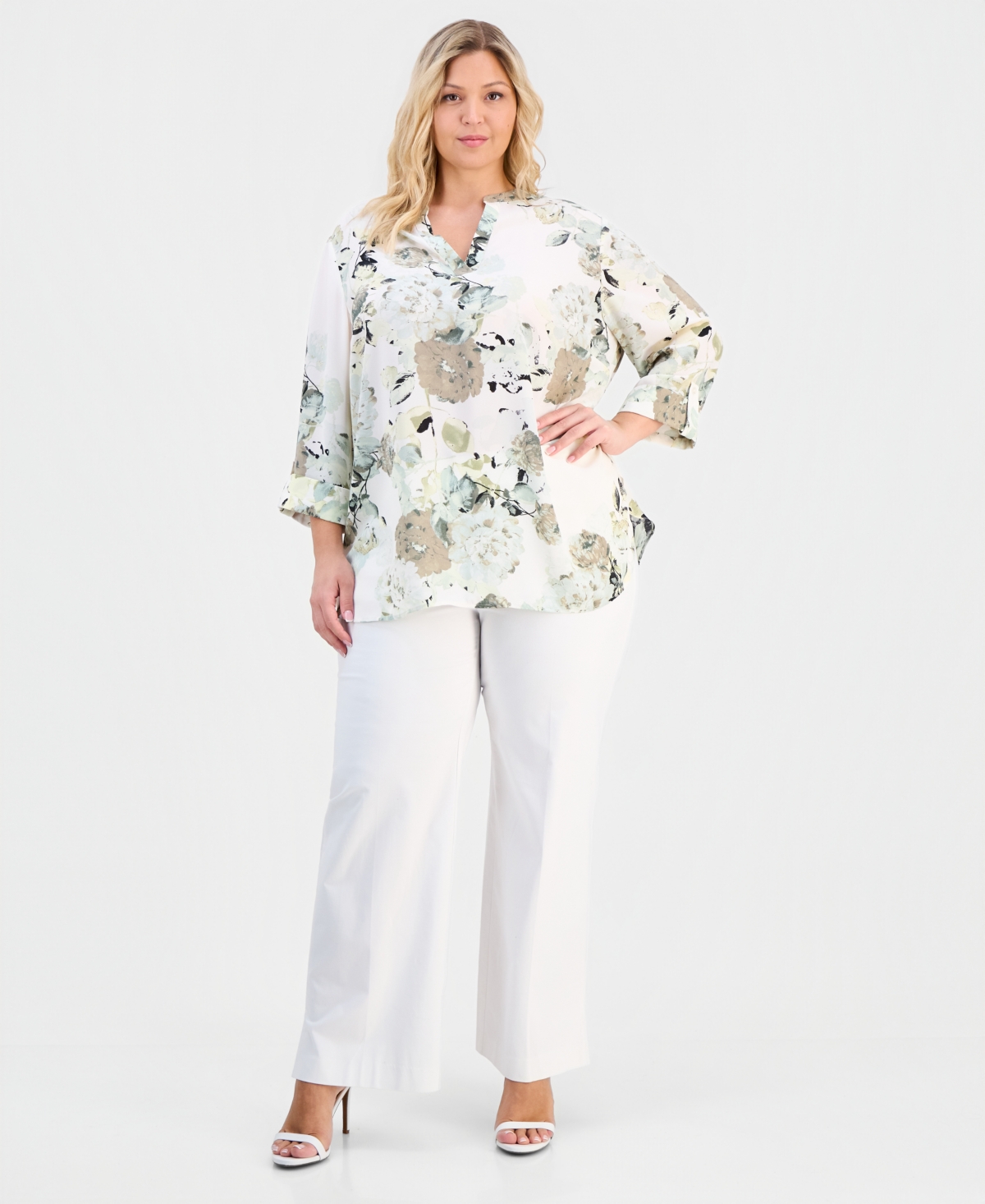 Anne Klein Essentials Plus Printed V-Neck Blouse