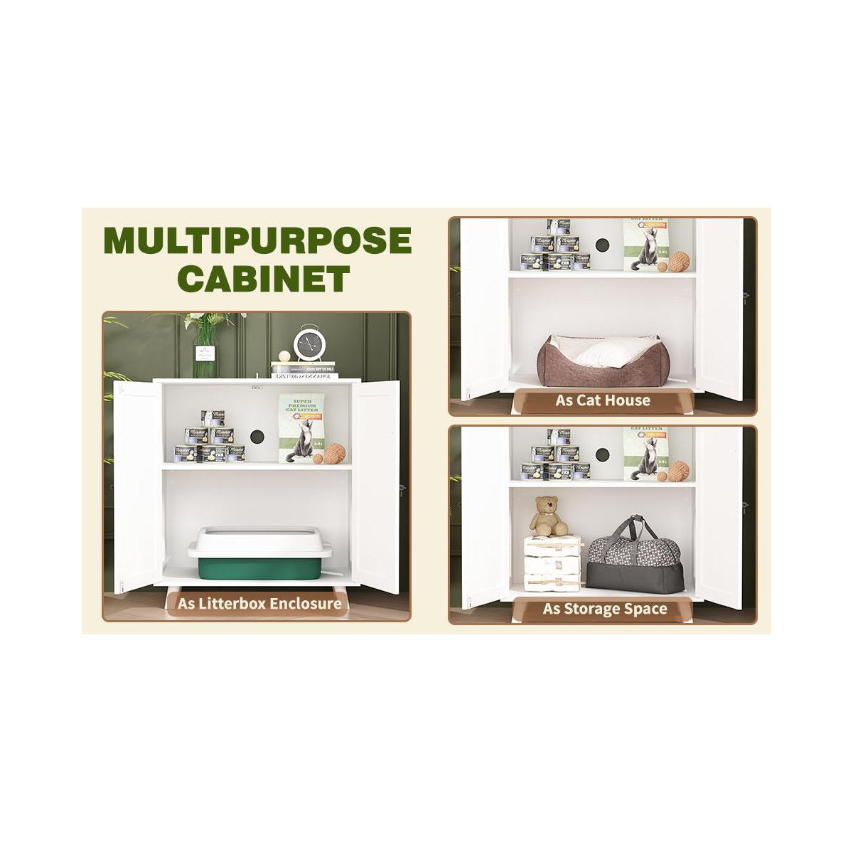 Modern Cat Litter Box Enclosure, White Hidden Litter Box Furniture Cat Washroom Storage With Lock Sisal Door for Rooms