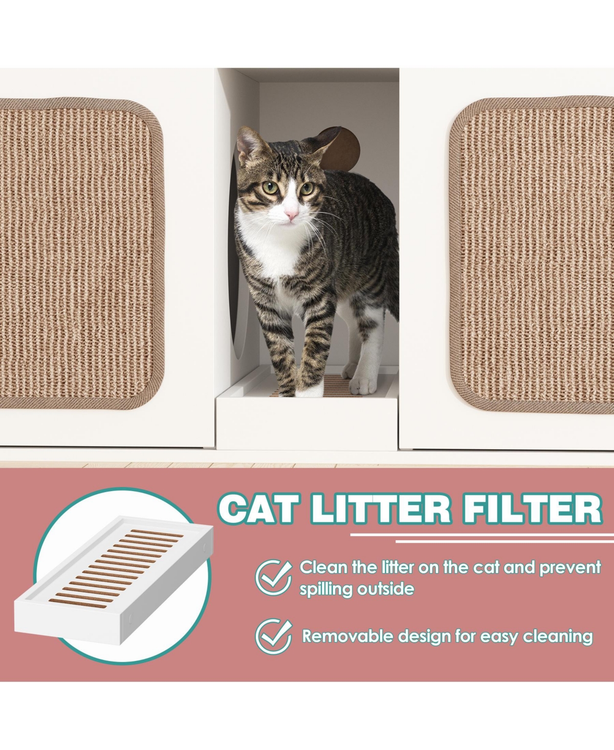 Hidden Cat Litter Box with 2 Sisal Doors, Litter Box Enclosure Washroom Storage Cabinet Bench End Table