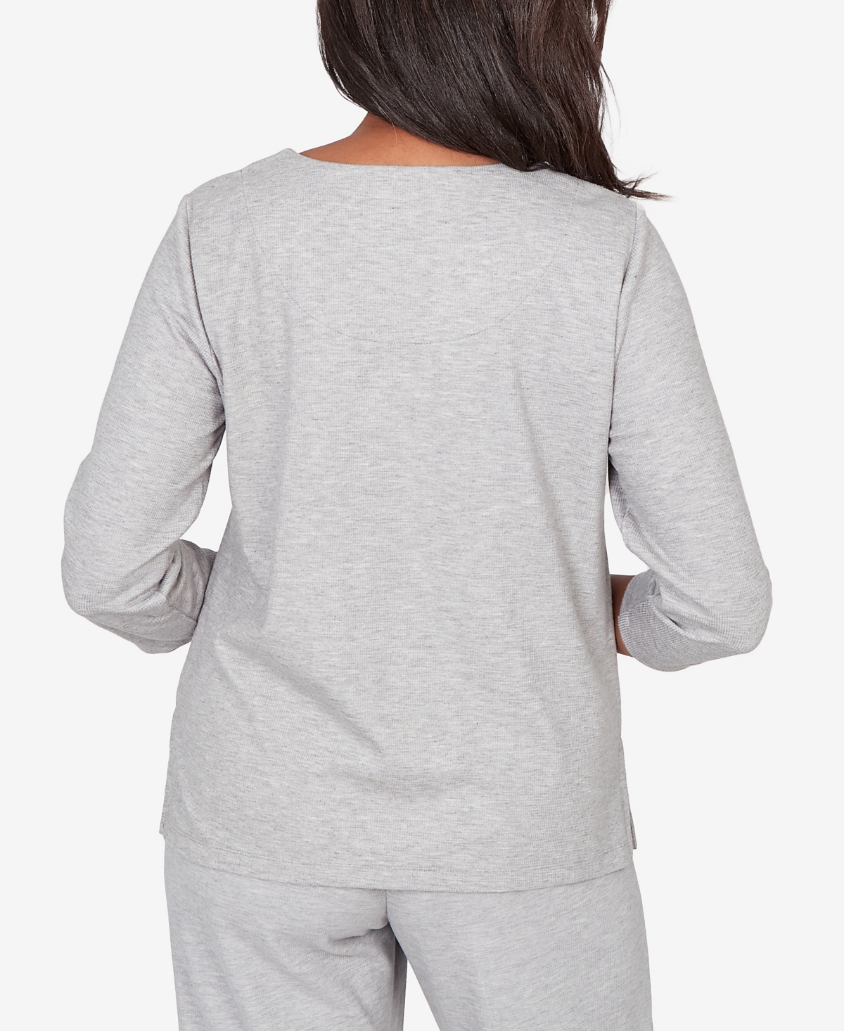 Alfred Dunner Women's Comfort & Joy Metallic Swirl Embroidered Split Neck Top In Gray