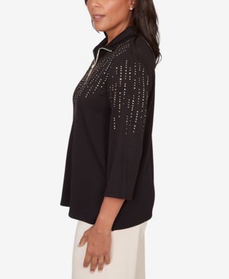 Women's Seville Heat Set Embellished Zip Mock Neck Top