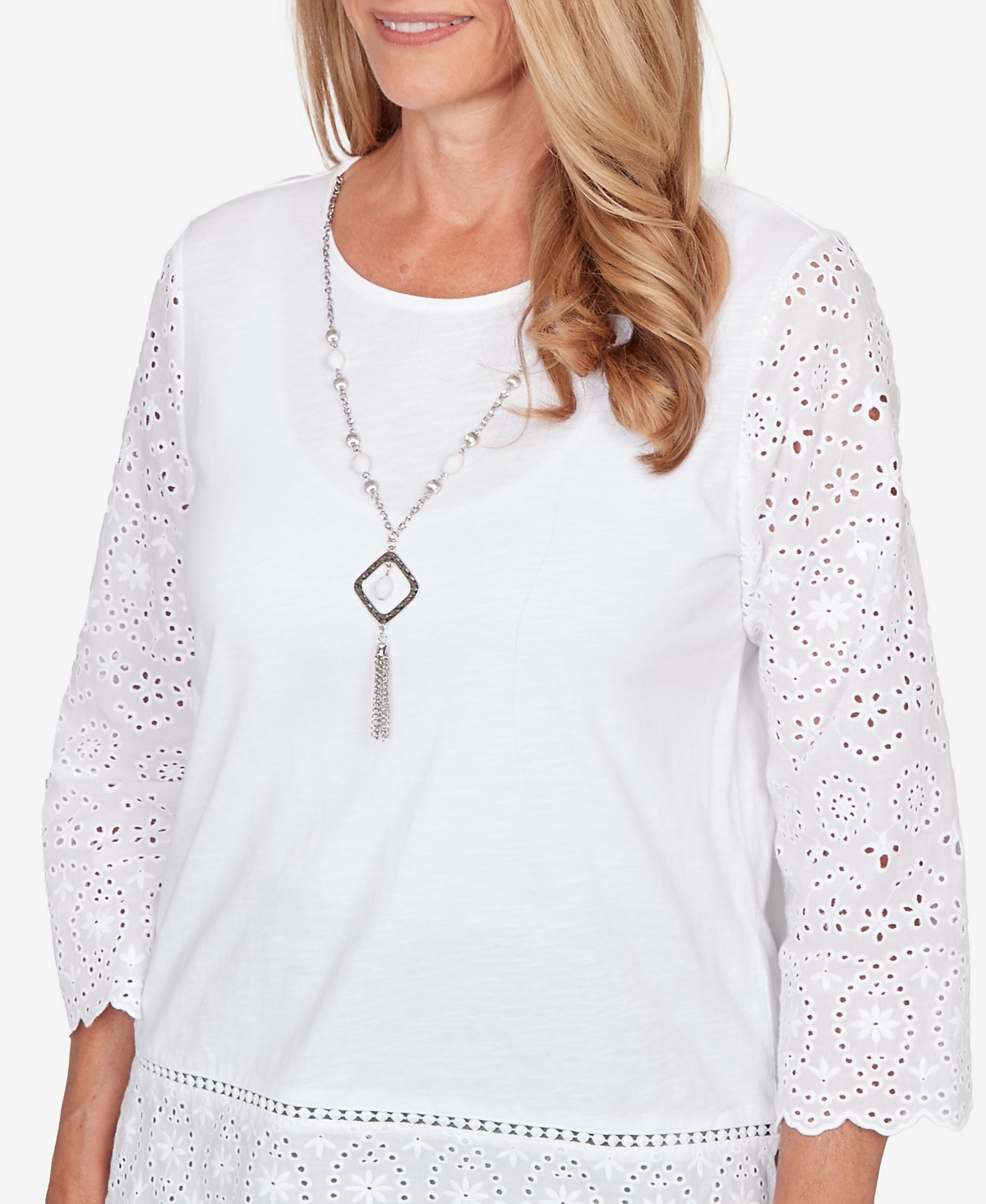 Alfred Dunner Women's St. Augustine Solid Eyelet Trim Top with Necklace