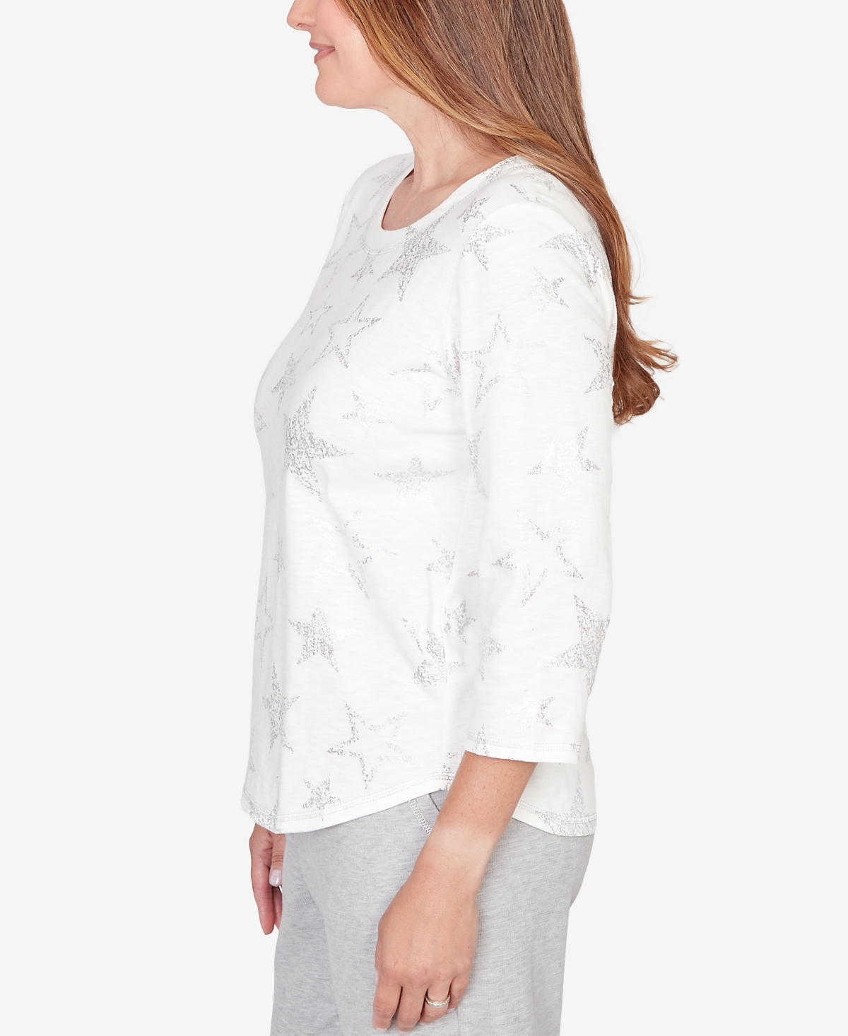 Alfred Dunner Petite Comfort & Joy Star Print Crew Neck Top In White