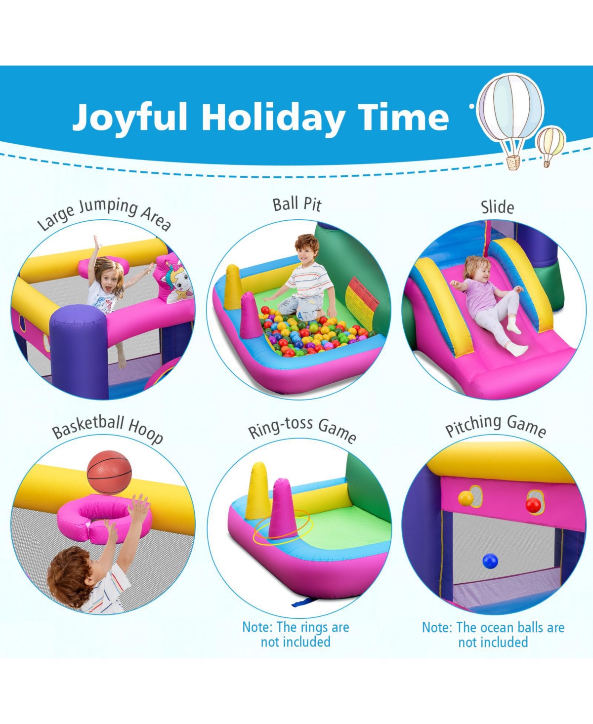 Skonyon 6-in-1 Bouncy Castle Inflatable Bounce House with Slide and Ball Pit with 480W Blower