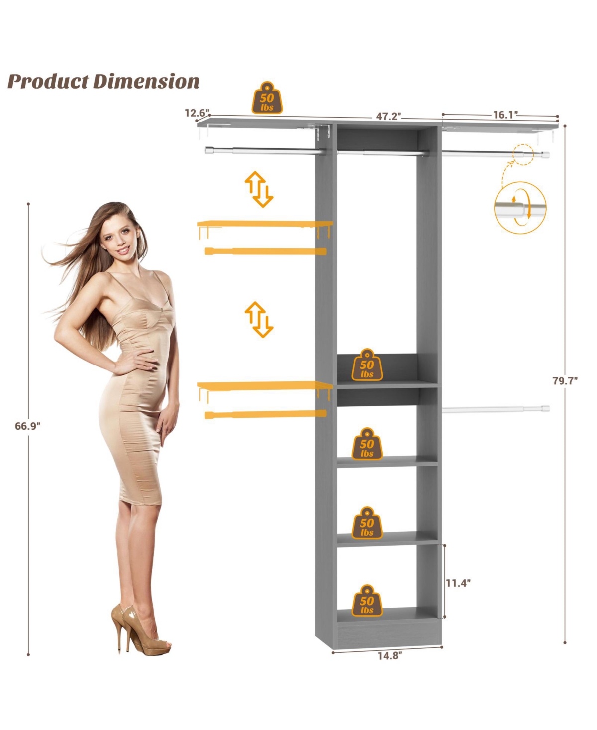 Aheaplus 4FT Small Closet Organizer with 4 Rods and 3 Shelves, 48'' System for Space