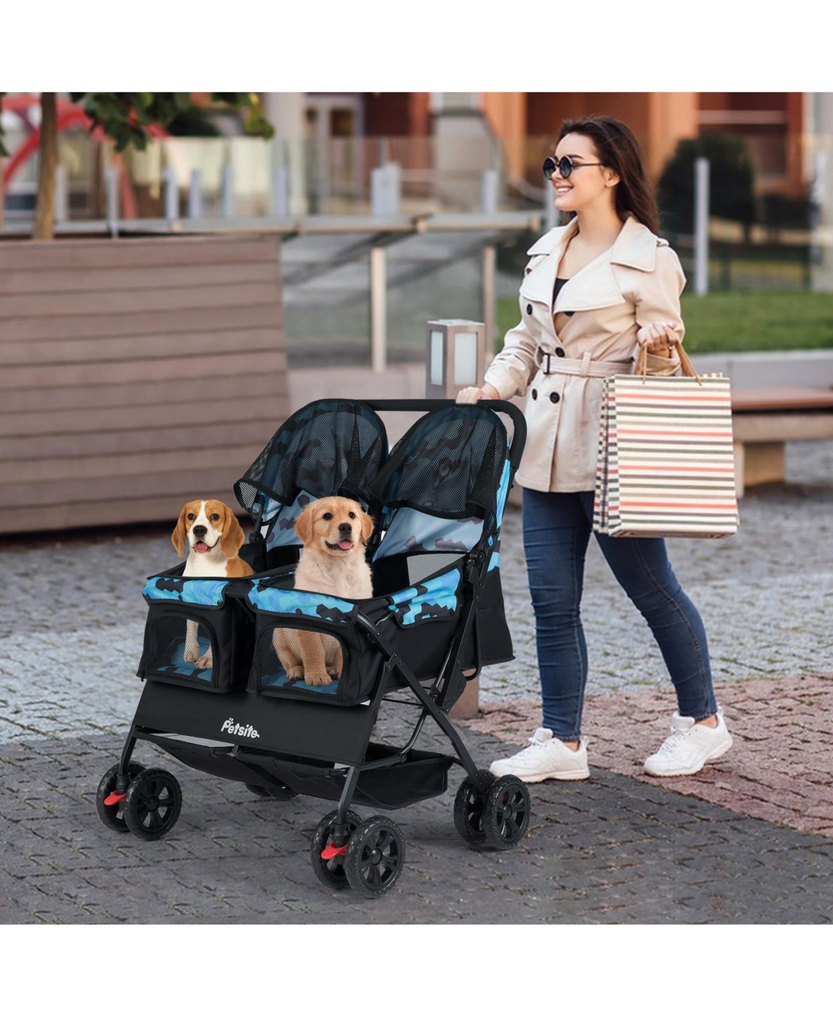 Gymax Double Pet Stroller w/ 2-seater Carrier Adjustable Sunshade Removable Pad