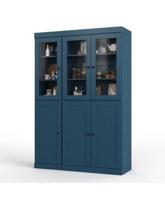 100% Solid Wood 48.5" Pantry China Cabinet with Clear Glass, Shaker Doors & Adjustable Shelves