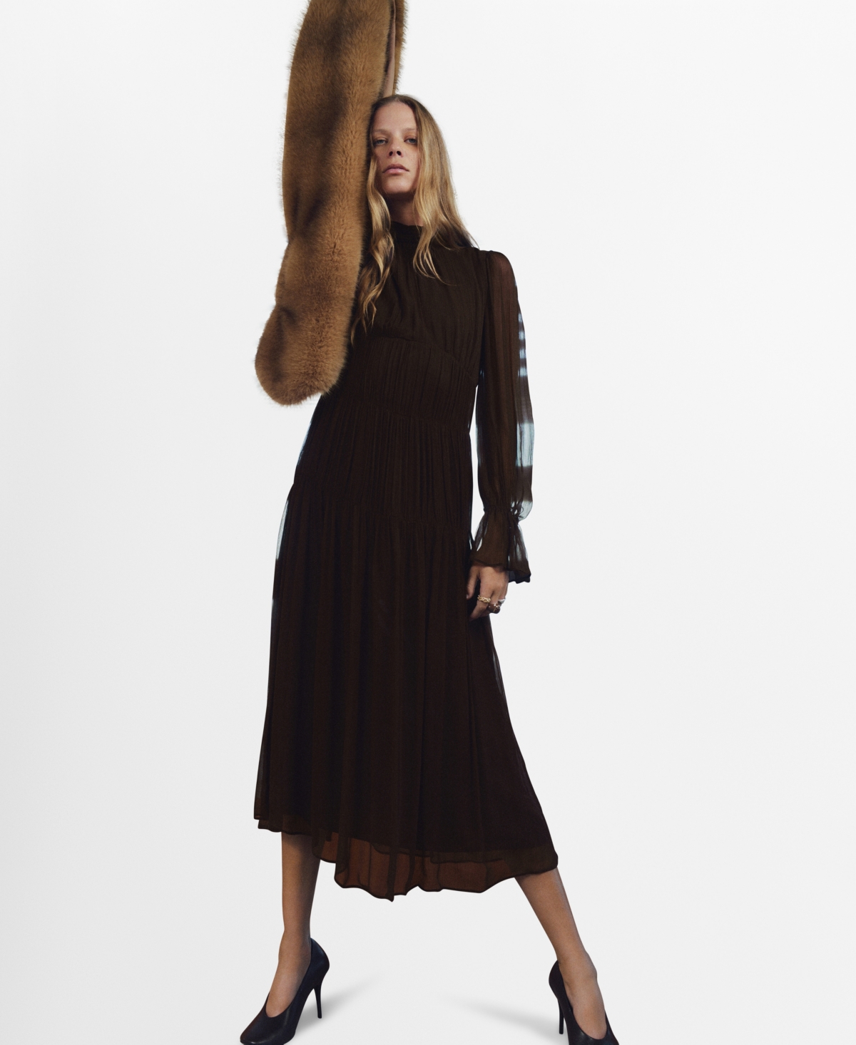 Mango Women's Puffed Sleeves Ruffled Dress In Brown