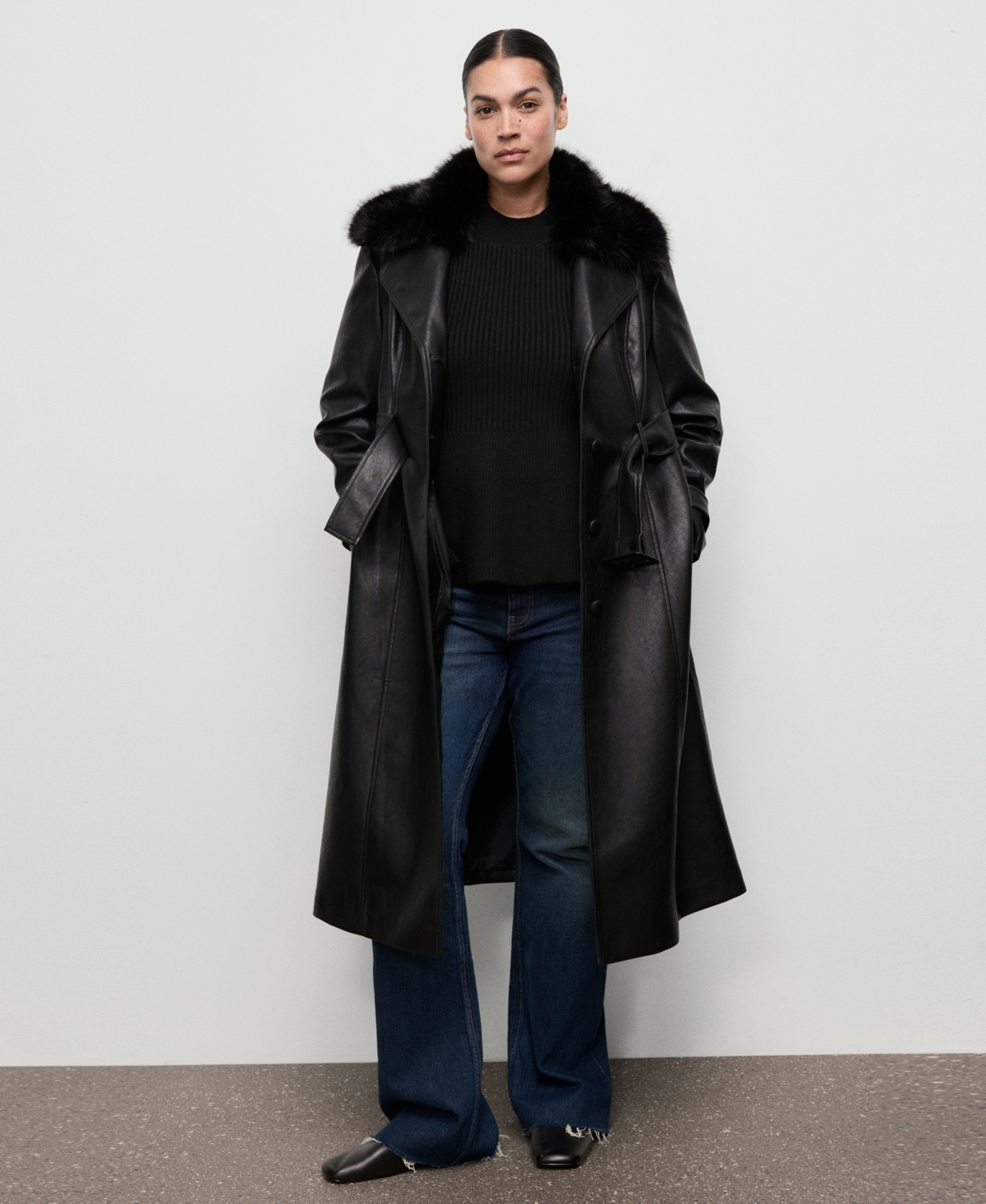 Mango Women's Fur Collar Leather-effect Coat In Black