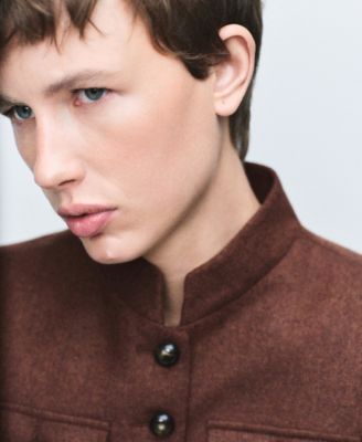 Women's Band Collar And Pockets Wool Jacket