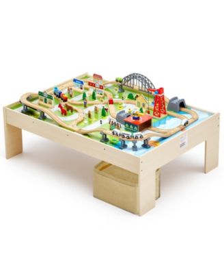 Train Table, 120 PCS Wooden Activity Table with Collapsible Bin, 3-in-1 Train Set for Playing, Drawing & Reading