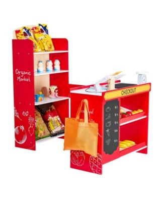 Kids Grocery Store Playset, Wooden Store with Bag, Conveyor Belt, Scanner, Cash Register & Scale, Pretend Supermarket Toy