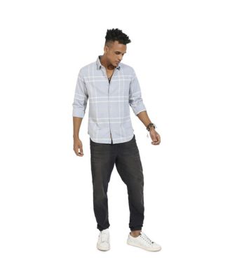 Men's Light Grey Contrast Tartan Plaid Shirt.