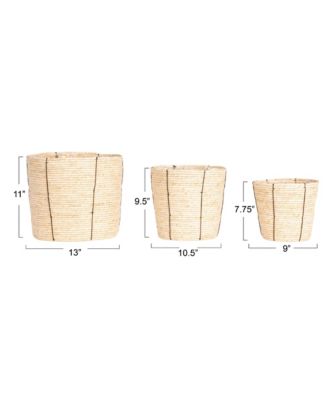 Round Handwoven Corn Rope Baskets with Thin Stripes and Plastic Liner, Natural, Set of 3