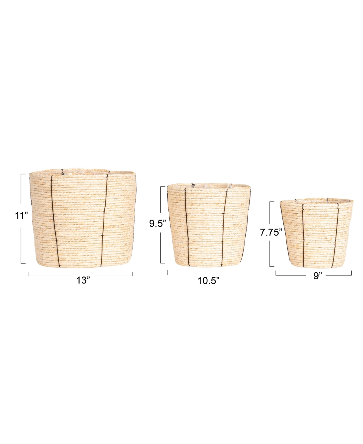 Household Essentials Round Handwoven Corn Rope Baskets with Thin Stripes and Plastic Liner, Natural, Set of 3