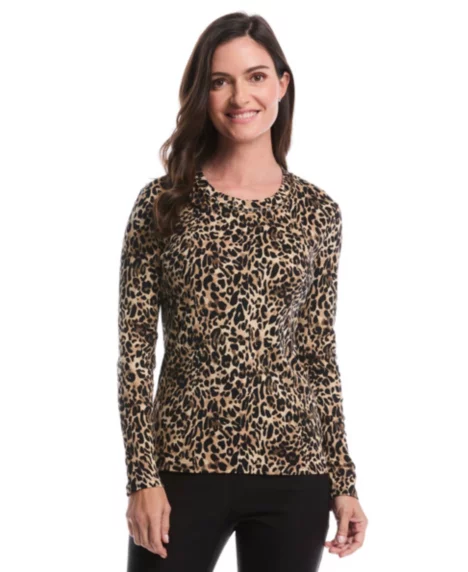 Petite Animal Print Chain Neck Detail Long-Sleeve Top - Black