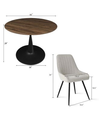 5-Piece Dining Table Set with Round Walnut Table, Metal Base and Upholstered Chairs for Space-Saving Kitchen Use