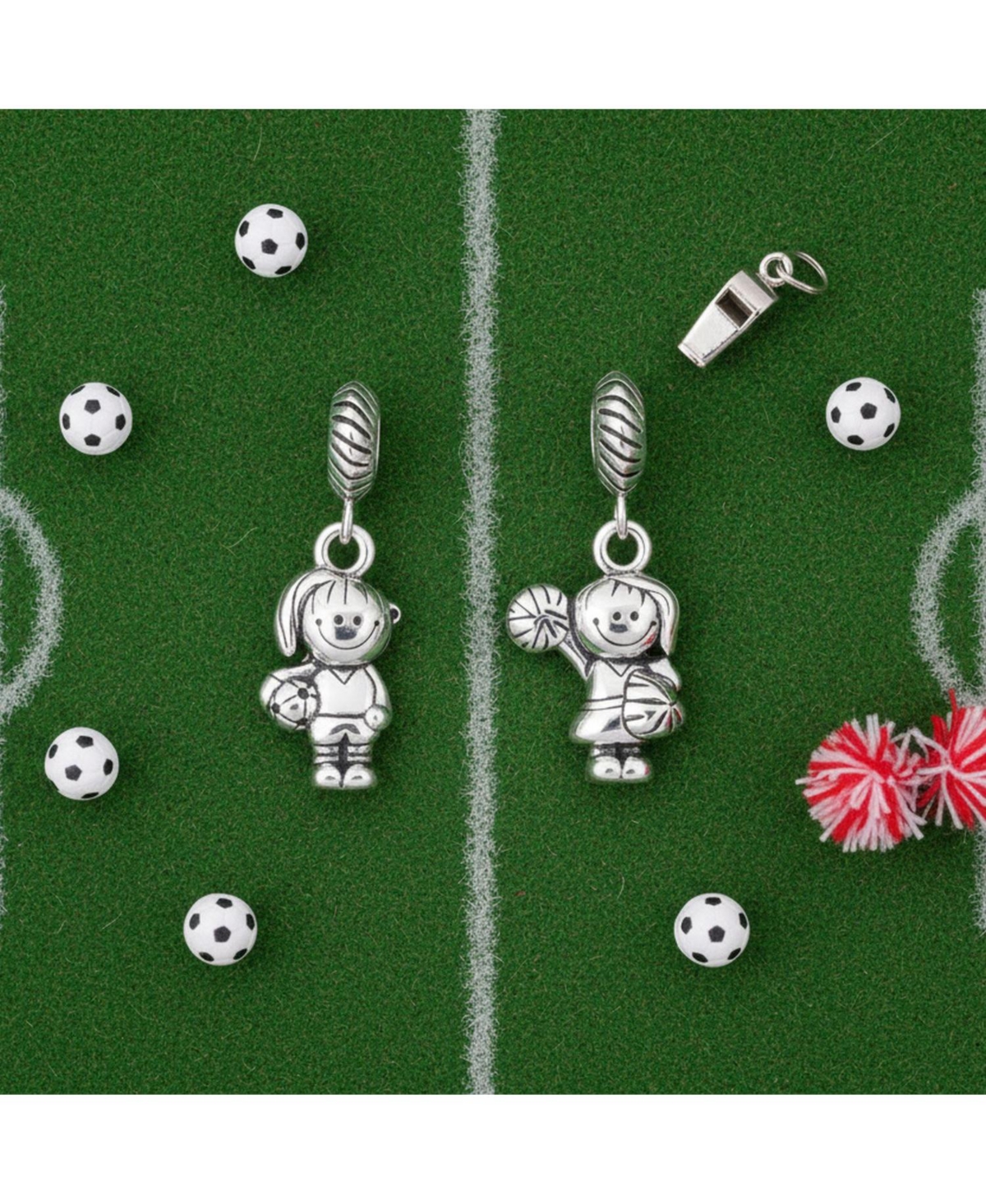 Bling Jewelry Set of 2 Cheerleader & Soccer Player Dangle Charm Bead Sterling Silver European Bracelet