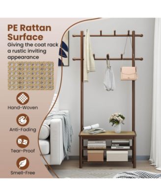 Bamboo Coat Rack with Bench Shoe Storage 2 Hanging Rods 11 Hanging Hooks Shelves