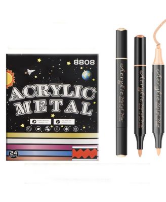 24 Colors Acrylic Metallic Paint Pens, Dual Tip Marker Set with Thick Head and Thin Head for Rocks, Wood, Canvas, Ceramic, Fabric